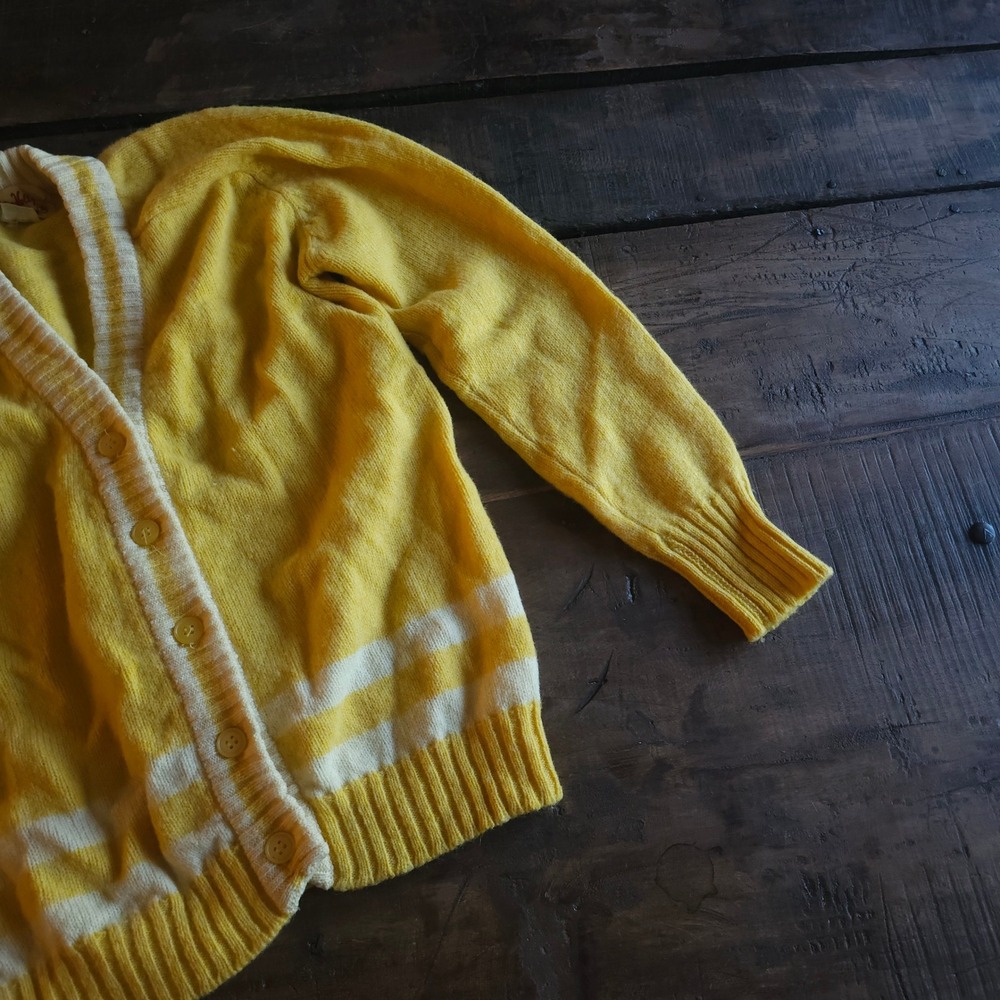 Vintage Miss Holly Yellow Wool Cardigan Sweater Striped V-Neck Japan 1970s 1960s - Picture 4 of 12